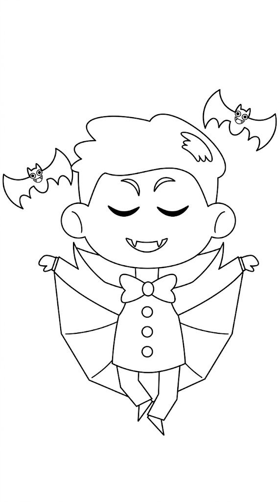 Vampire with Bats Halloween coloring page printable line art