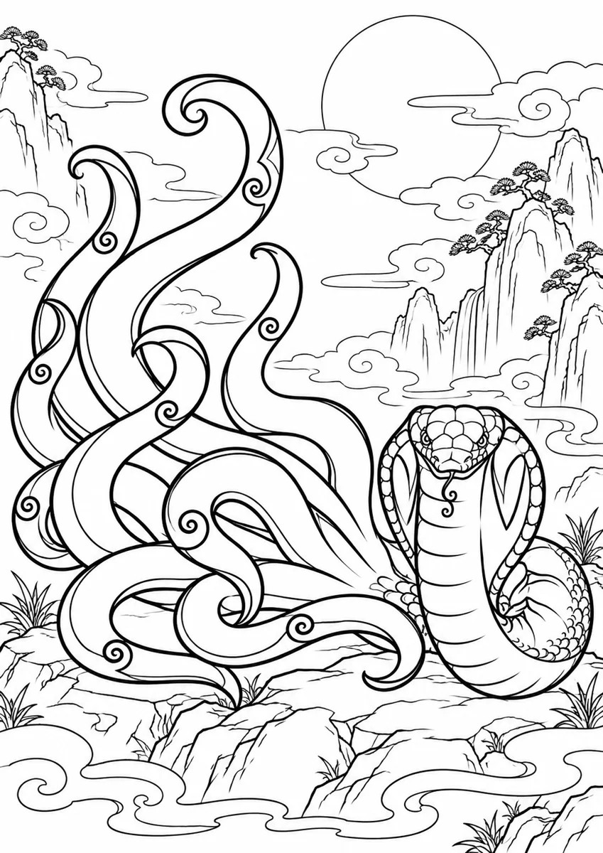 Nine-Tailed Snake Coloring Page free printable coloring page