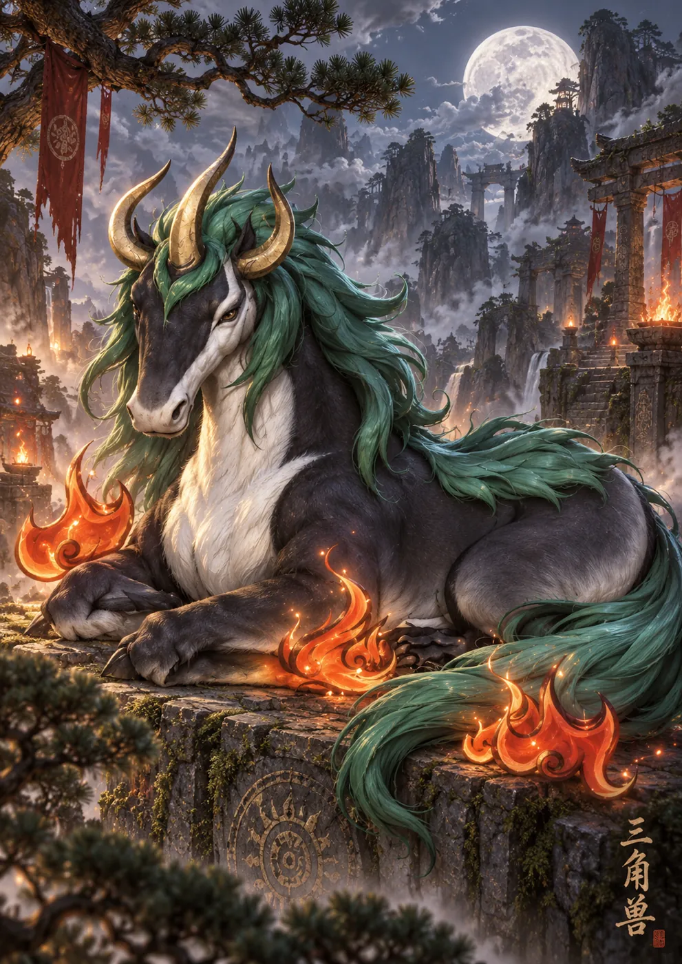 Finished Three-Horned Beast mythical creature artwork